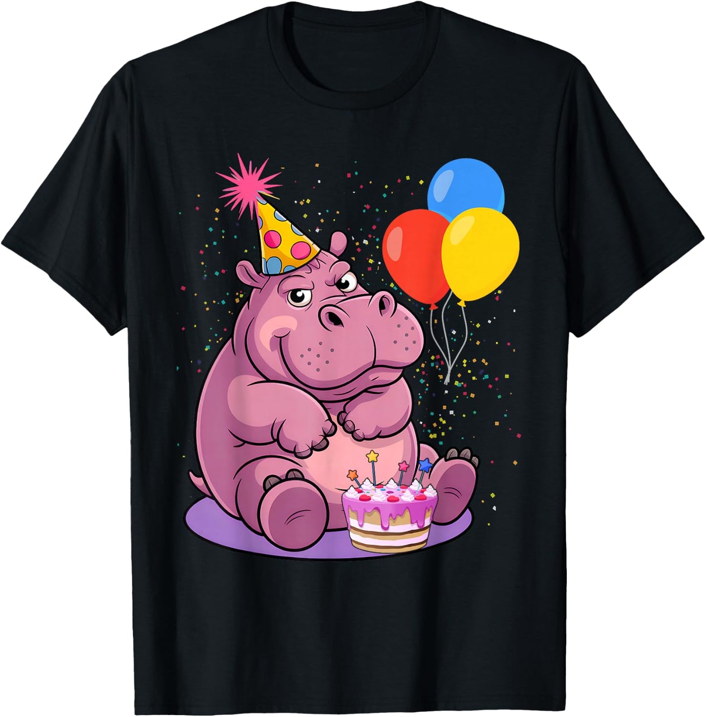 Hippo Wearing A Birthday Hat With Party Balloons Par T-Shirt - T-Shirt | Black
