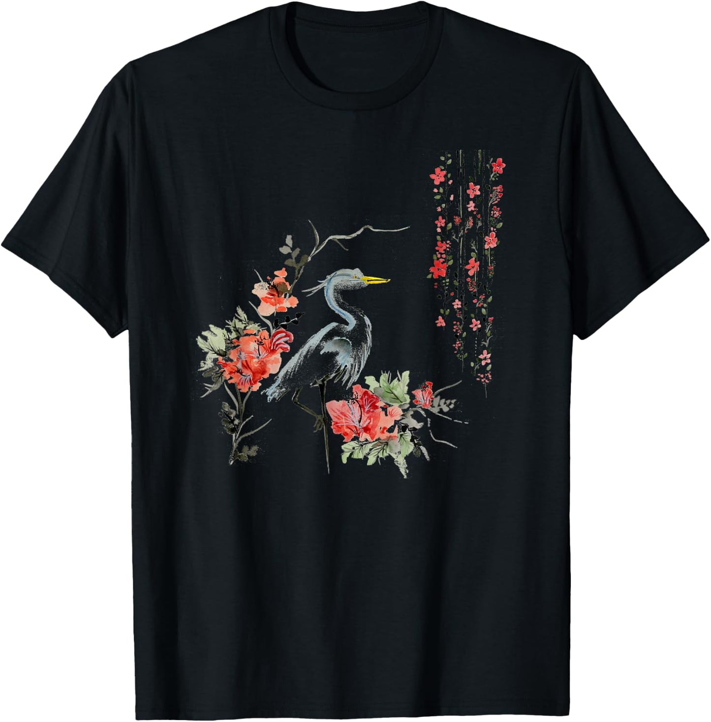 Japanese Art Crane Bird Garden Stylish Design T-Shirt - T-Shirt | Black
