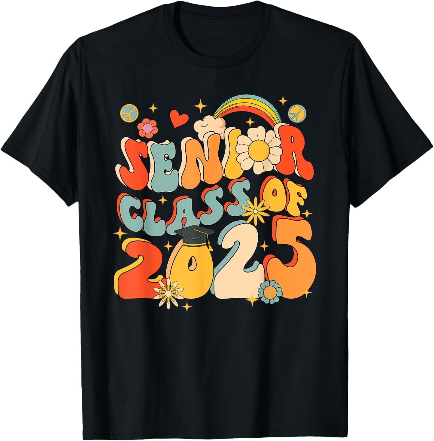 Senior 25 Class Of 2025 Graduation School Retro Groovy T-Shirt - T-Shirt | Black