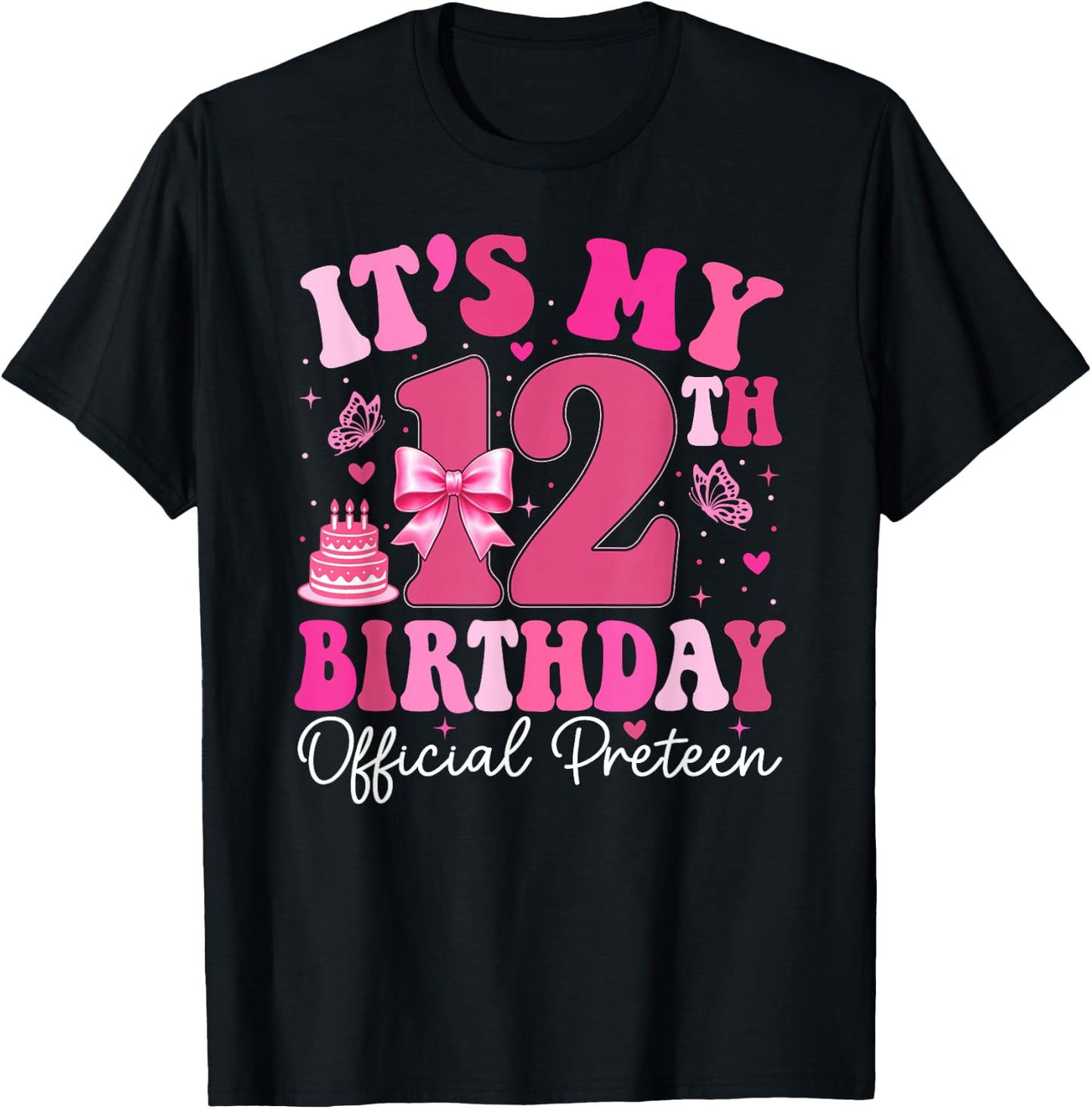 12th Birthday Girl Outfit Pink Coquette Bow 12 Year Old T-Shirt - T-Shirt | Black