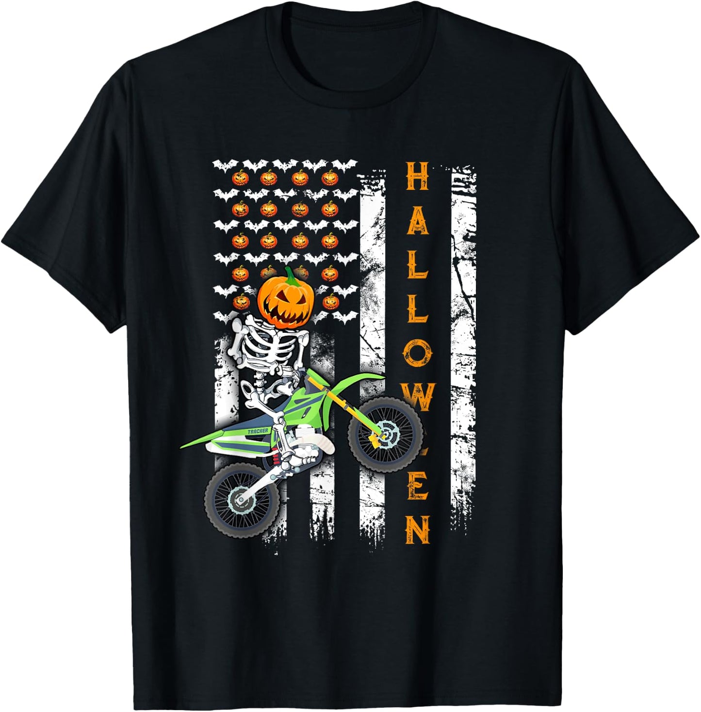 US Flag Skeleton Dirt Bike Halloween Motocross Biker T-Shirt - T-Shirt | Black
