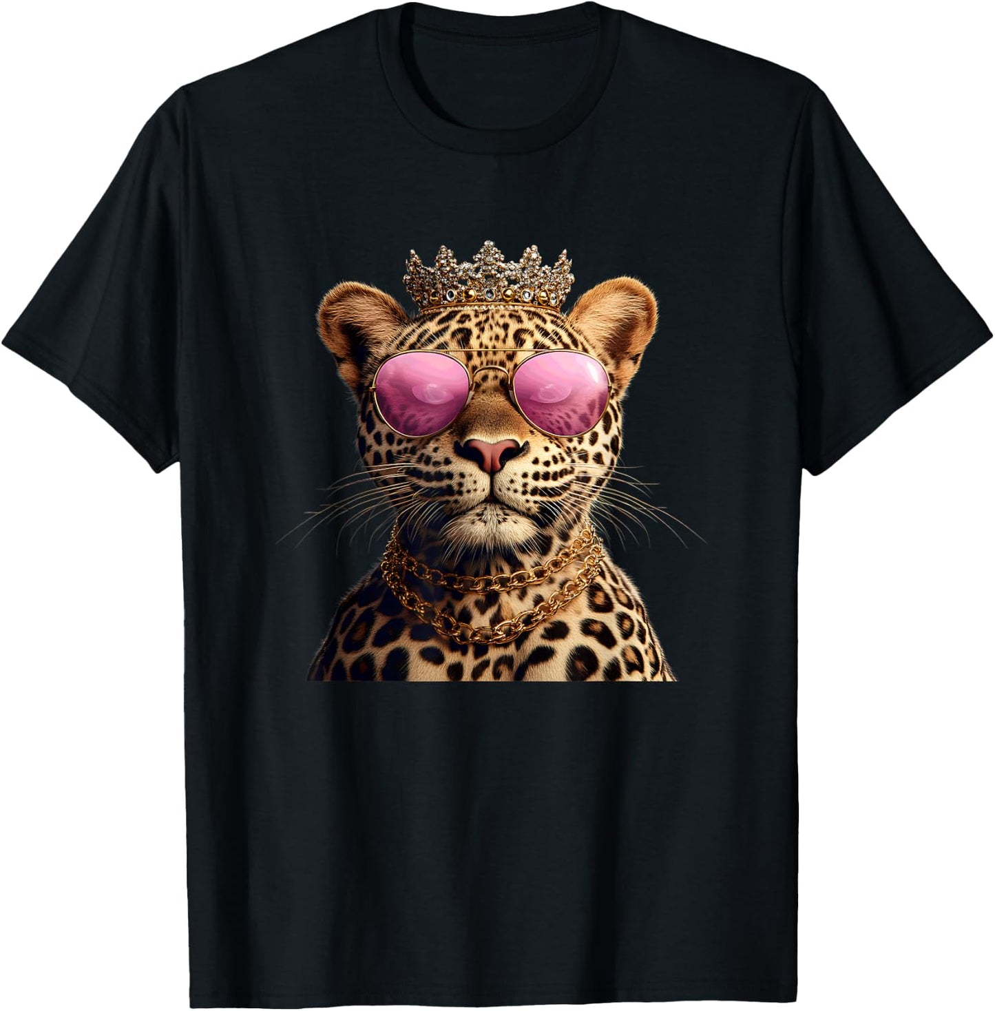 Crowned Leopard With Sunglasses And Chains T-Shirt - T-Shirt | Black