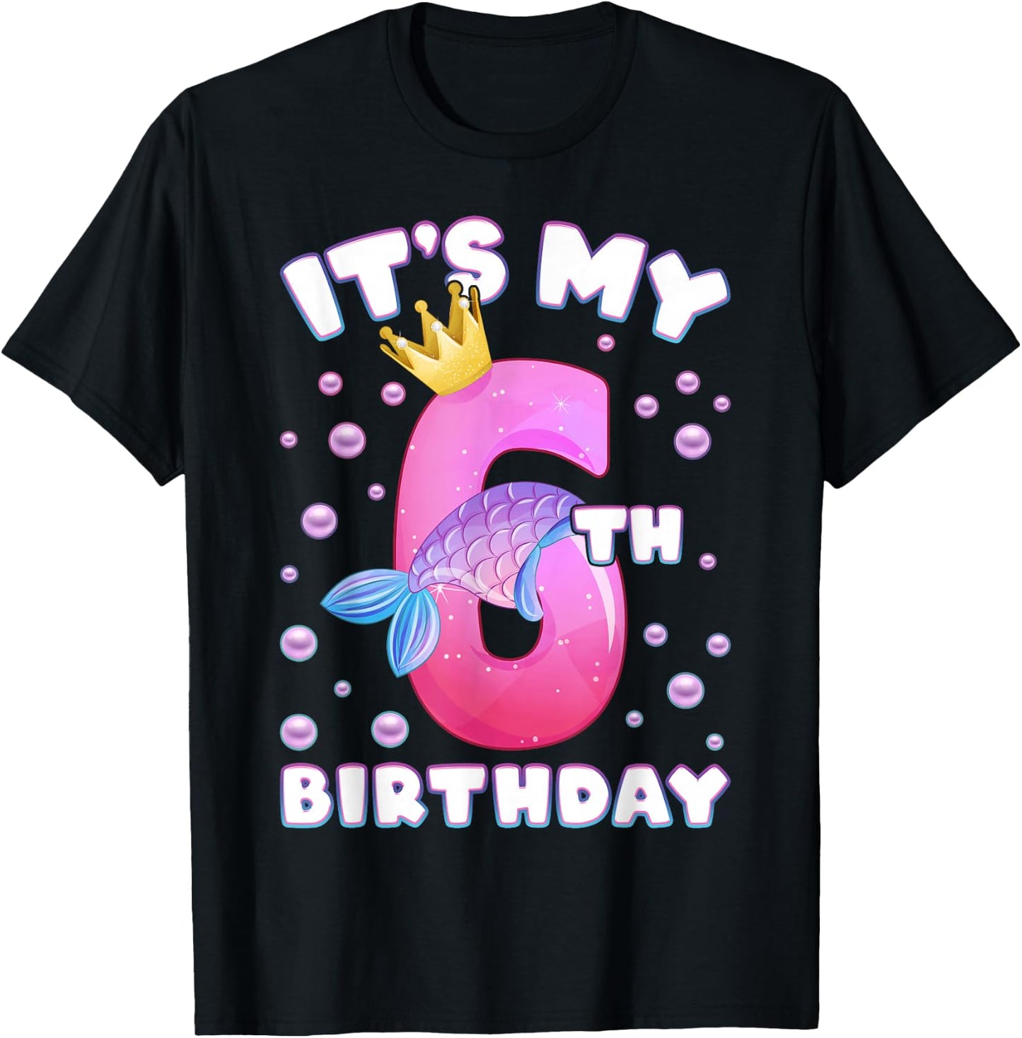 6th Birthday, Girl, Mermaid Fin, Number 6 T-Shirt - T-Shirt | Black