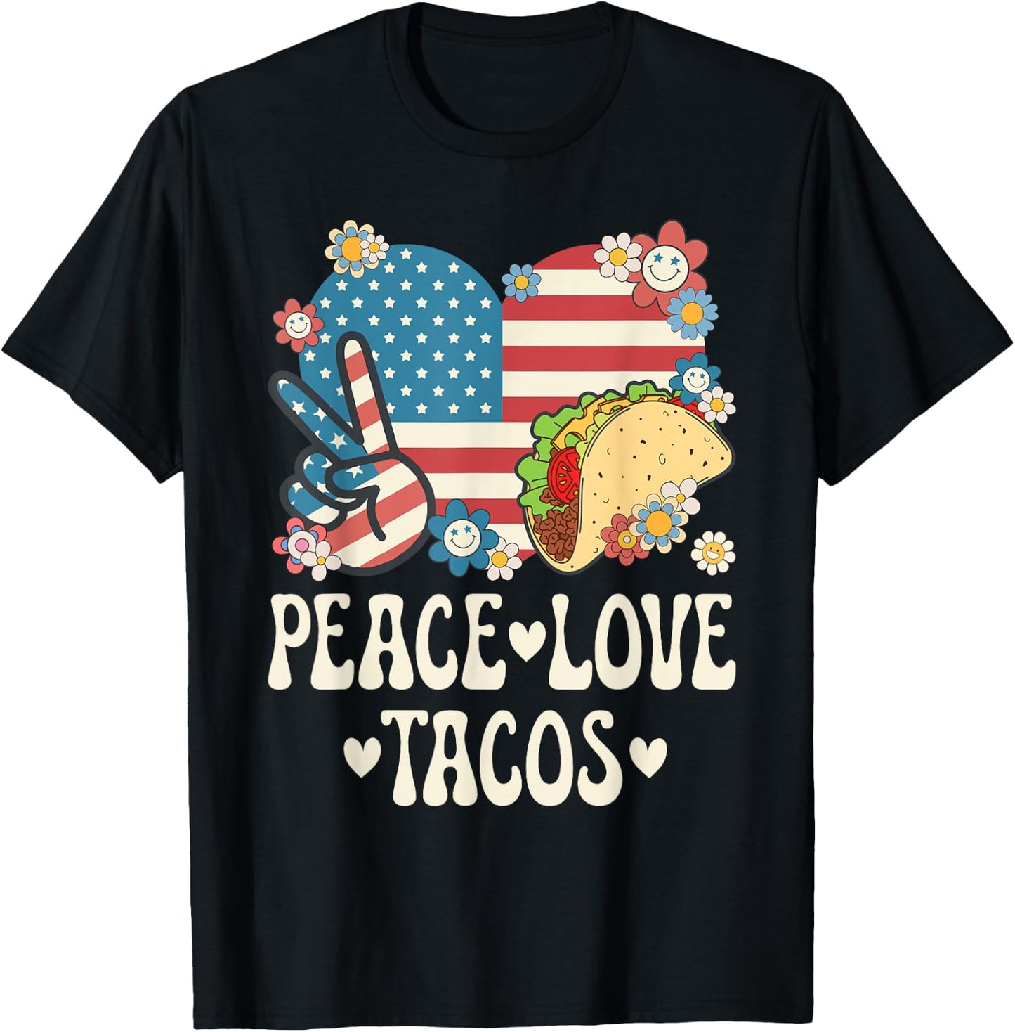 Peace Love Tacos American Flag Taco Tuesday Retro Taco Lover T-Shirt - T-Shirt | Black