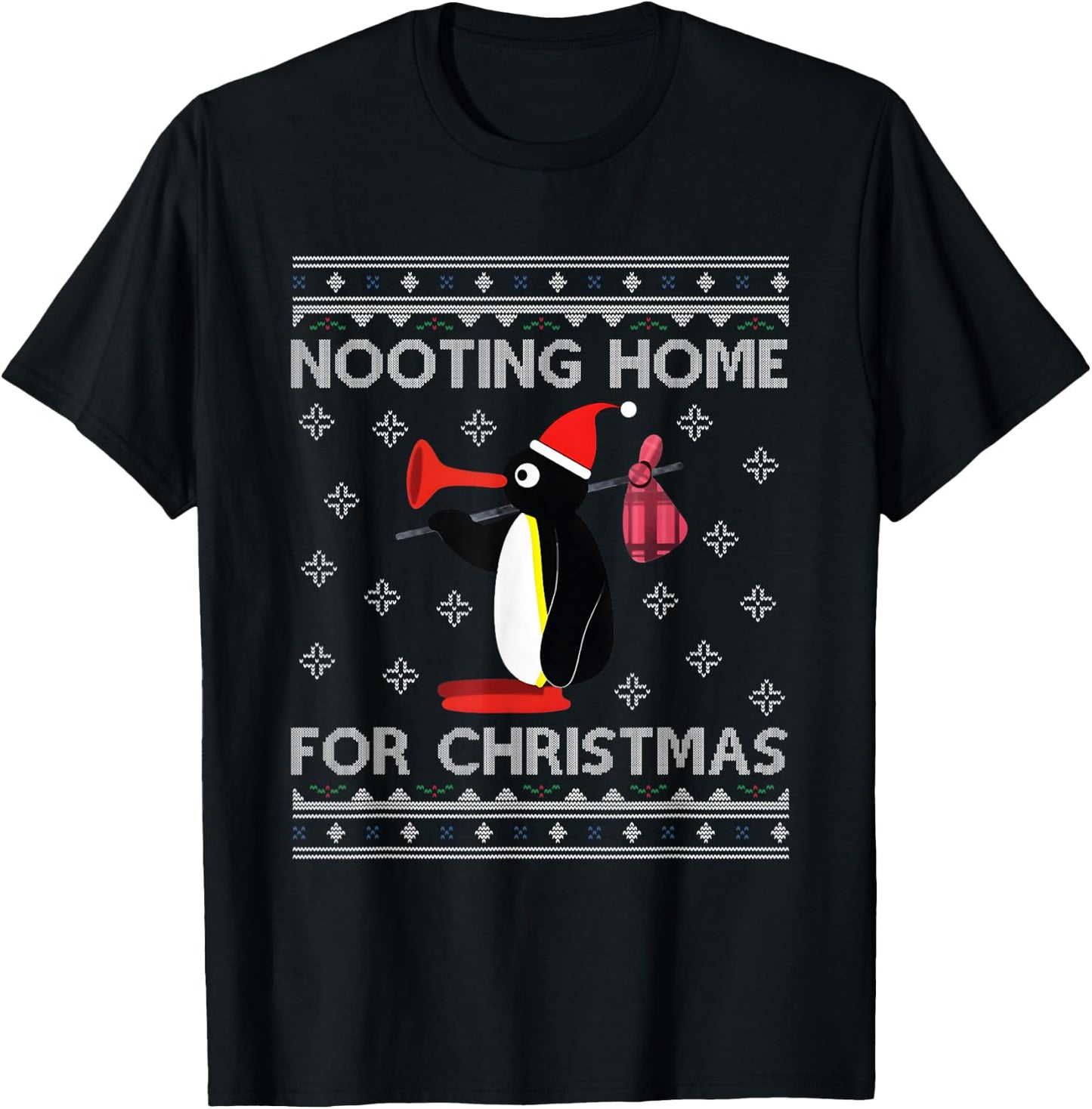 Pingu Nooting Home For Christmas Ugly - Black, Small, -Adults, , Modern , Ugly Christmas, Penguin, Christmas T-Shirt - T-Shirt | Black