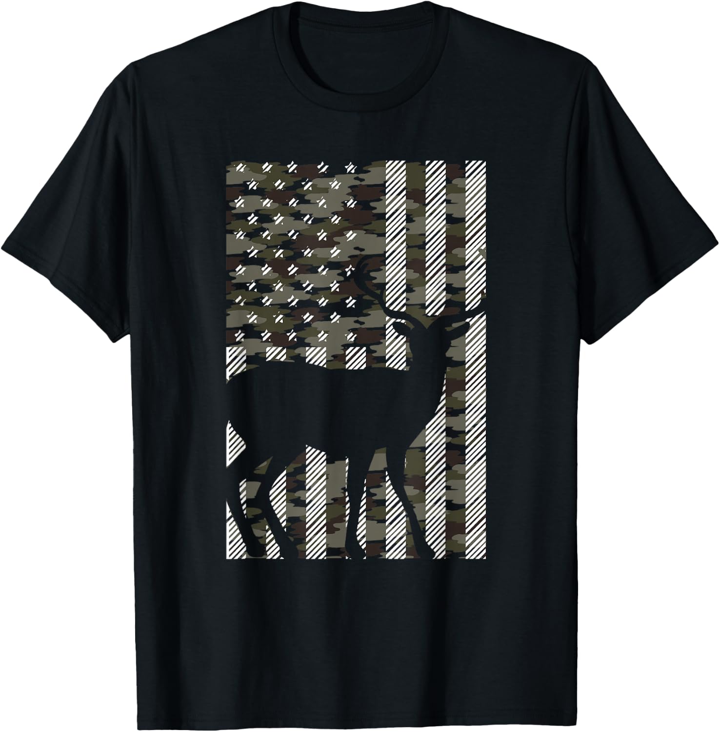 Camo American Flag Deer Vintage Buck Elk Hunting Hunter Gift T-Shirt - T-Shirt | Black