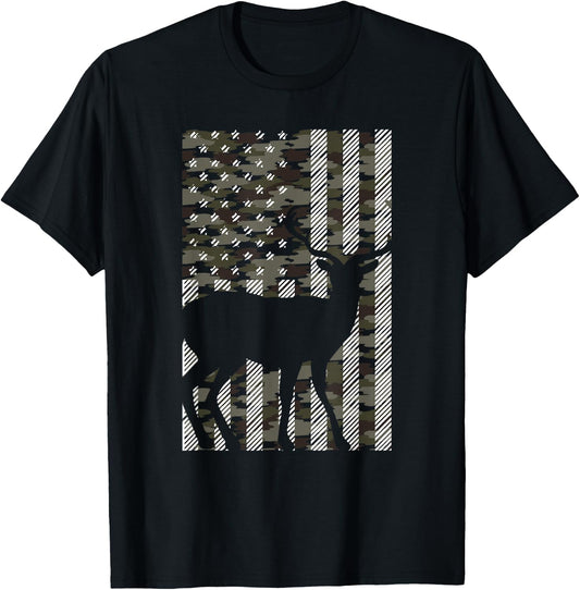 Camo American Flag Deer Vintage Buck Elk Hunting Hunter Gift T-Shirt - T-Shirt | Black
