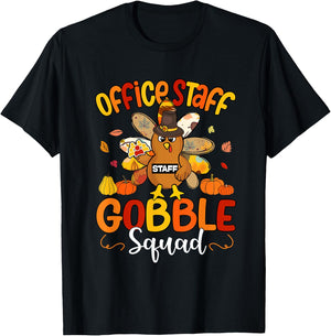 Office Staff Gobble Squad Turkey Pilgrim Hat Thanksgiving T-Shirt - T-Shirt | Black
