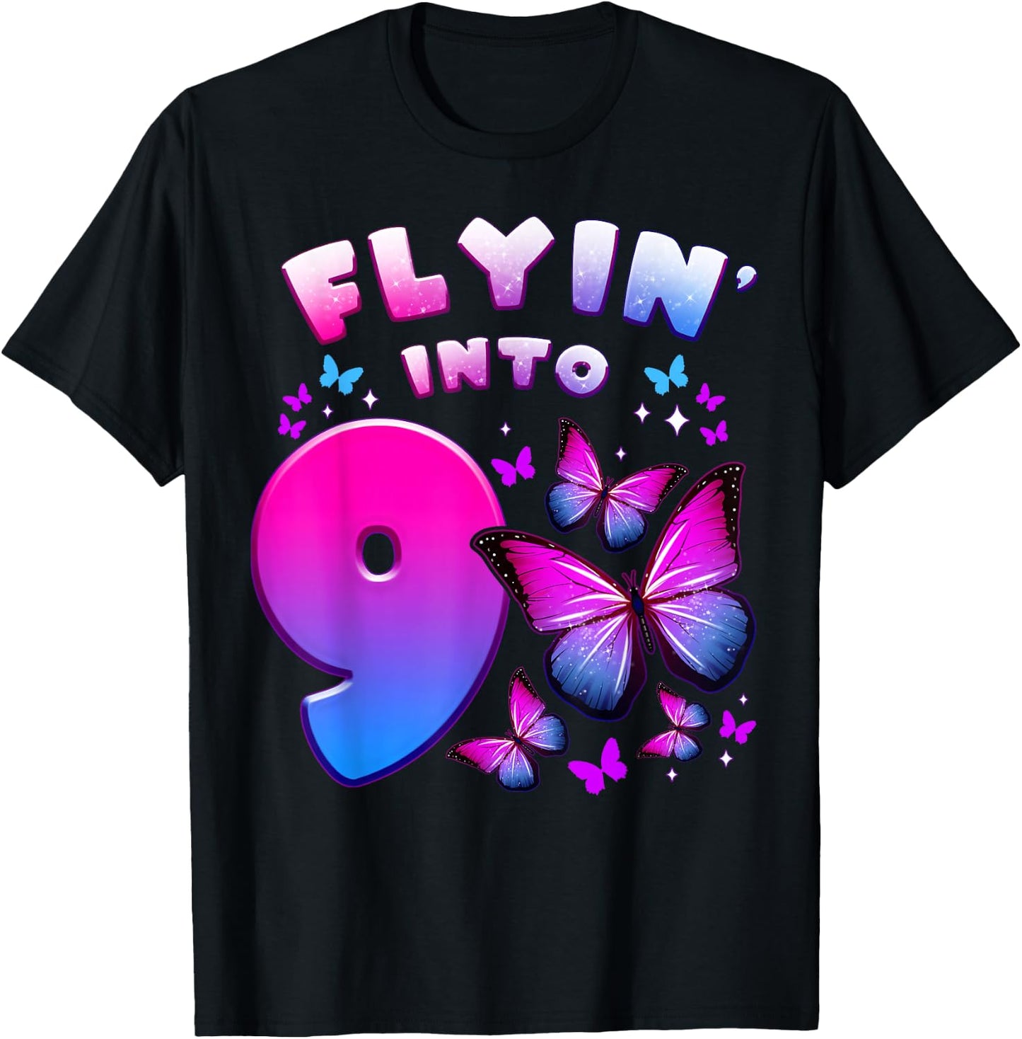 Birthday Girl 9 Year Old, Butterfly, Number 9 T-Shirt - T-Shirt | Black