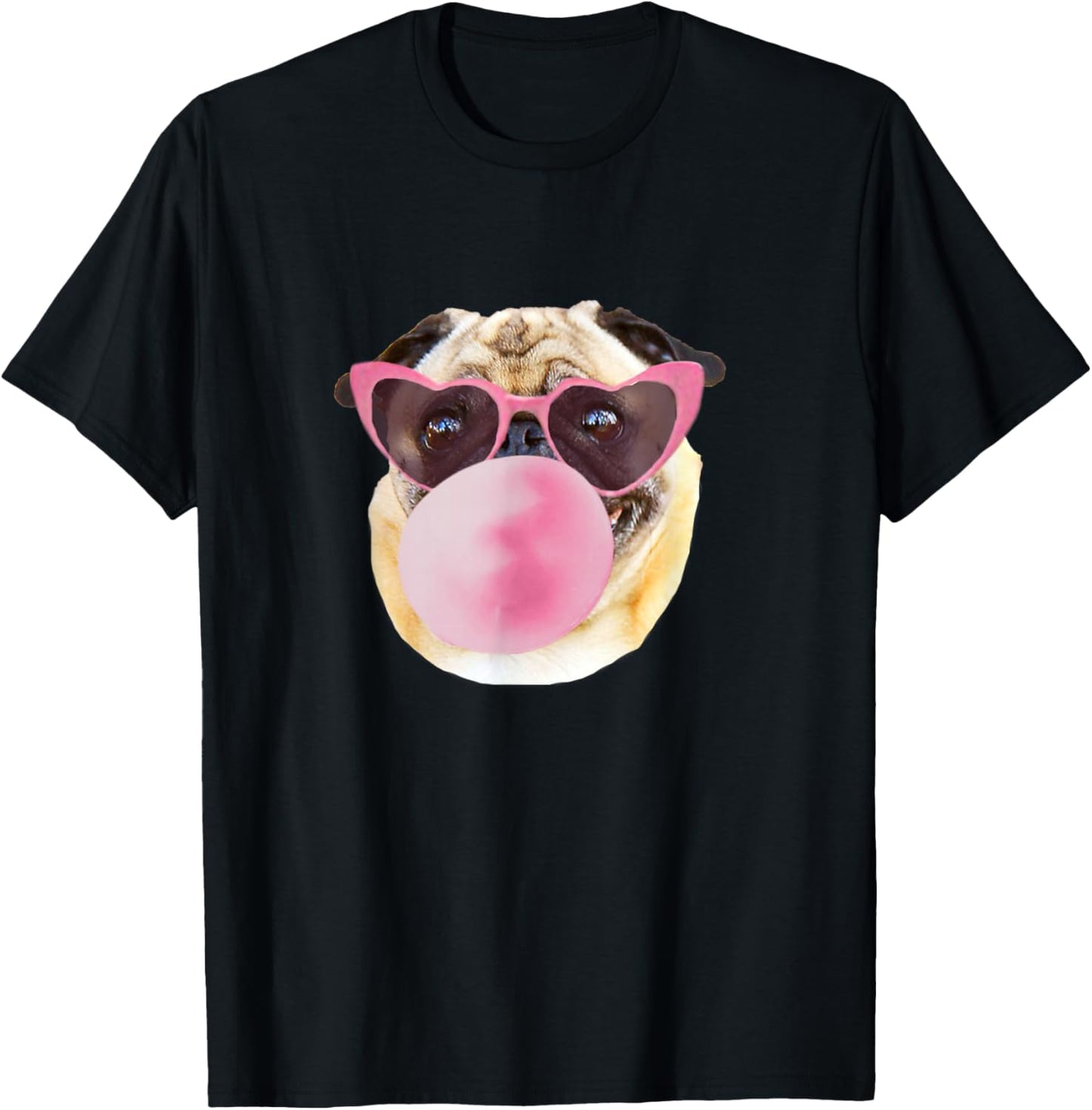 Dog Pug Pink Bubble Gum Heart Sunglasses T-Shirt - T-Shirt | Black