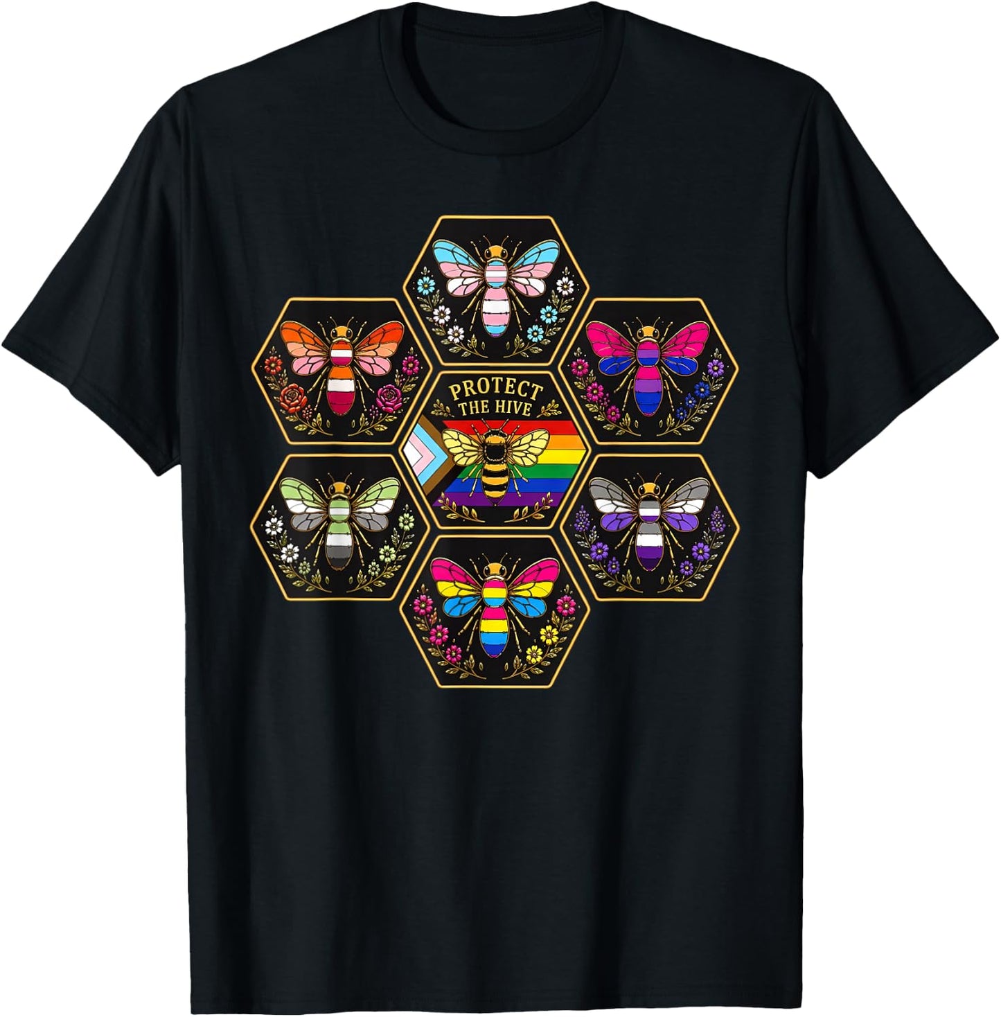 Protect the Hive LGBTQ Bee Bisexual Nature Gay Pride Support T-Shirt - T-Shirt | Black