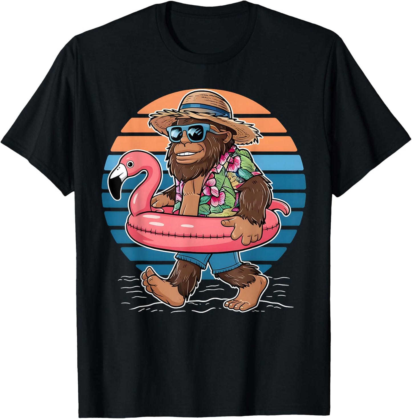 Pool Party Bigfoot Flamingo Men Women Sasquatch Pink T-Shirt - T-Shirt | Black