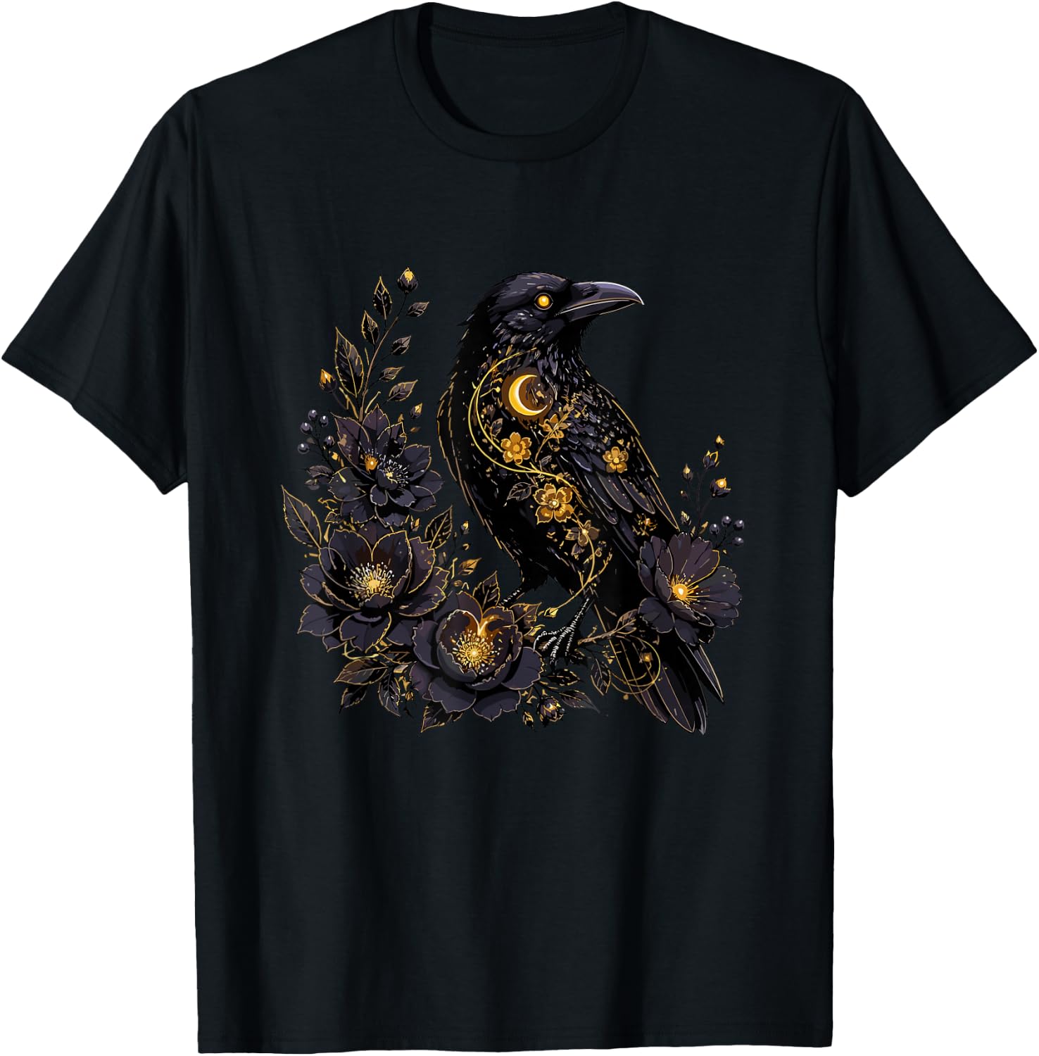 Celestial Raven with Moon and Dark Flowers T-Shirt - T-Shirt | Black