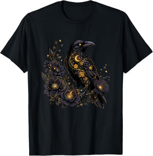 Celestial Raven with Moon and Dark Flowers T-Shirt - T-Shirt | Black
