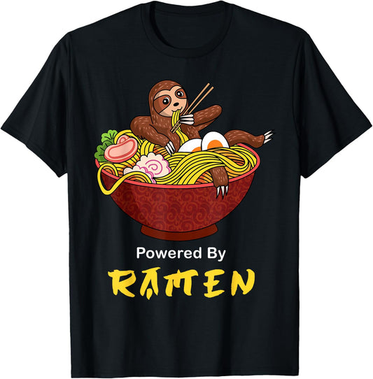 Powered By Ramen Funny Japanese Noodles Sloth Anime Outfit T-Shirt - T-Shirt | Black