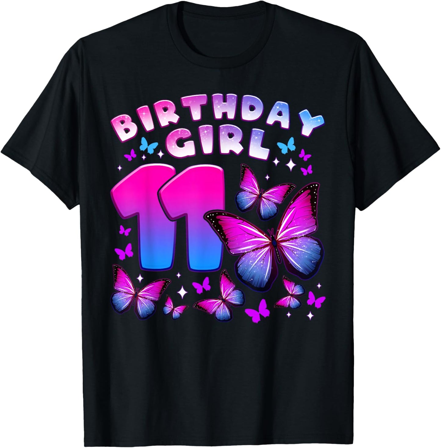 Birthday Girl 11 Years Old Butterfly Number 11 T-Shirt - T-Shirt | Black