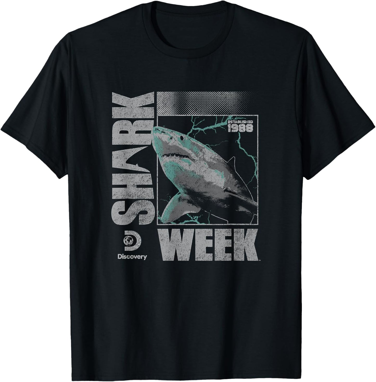 Shark Week Neon Lightning Glitch Great White Eighties Logo T-Shirt - T-Shirt | Black