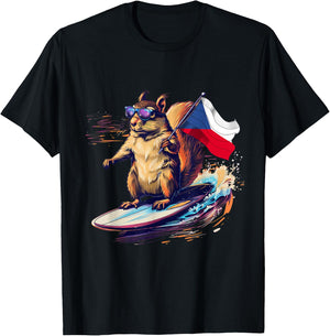 Czech Republic Surfing Squirrel Czech Flag Ceska Czech Roots T-Shirt - T-Shirt | Black
