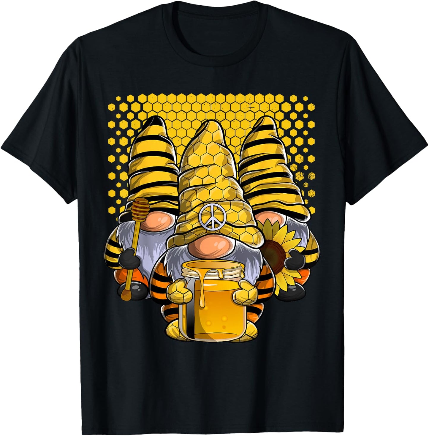 Three Honey Gnomes Sunflower Bee Peace Gnome T-Shirt - T-Shirt | Black