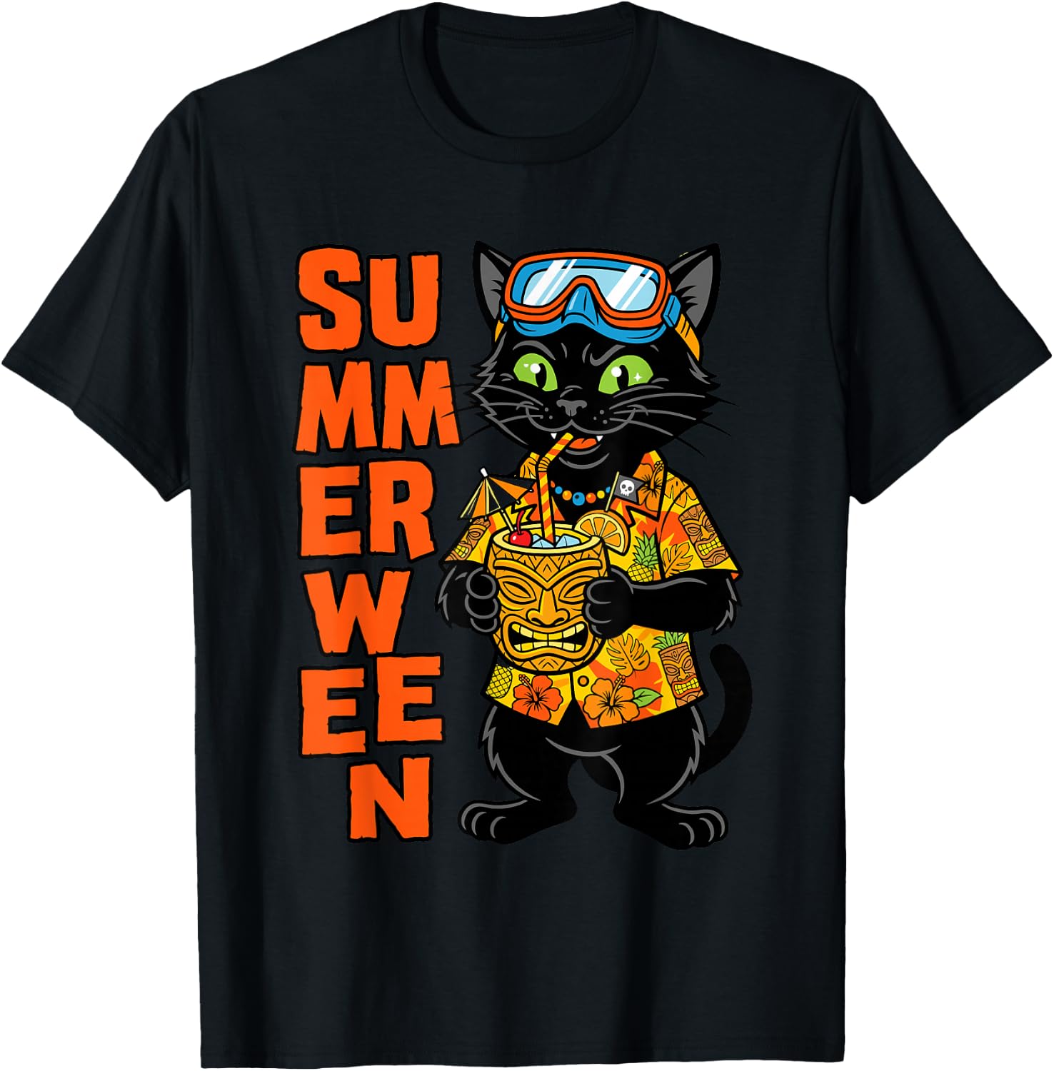 Summerween Cat Tiki Vacation T-Shirt - T-Shirt | Black