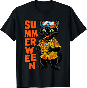 Summerween Cat Tiki Vacation T-Shirt - T-Shirt | Black
