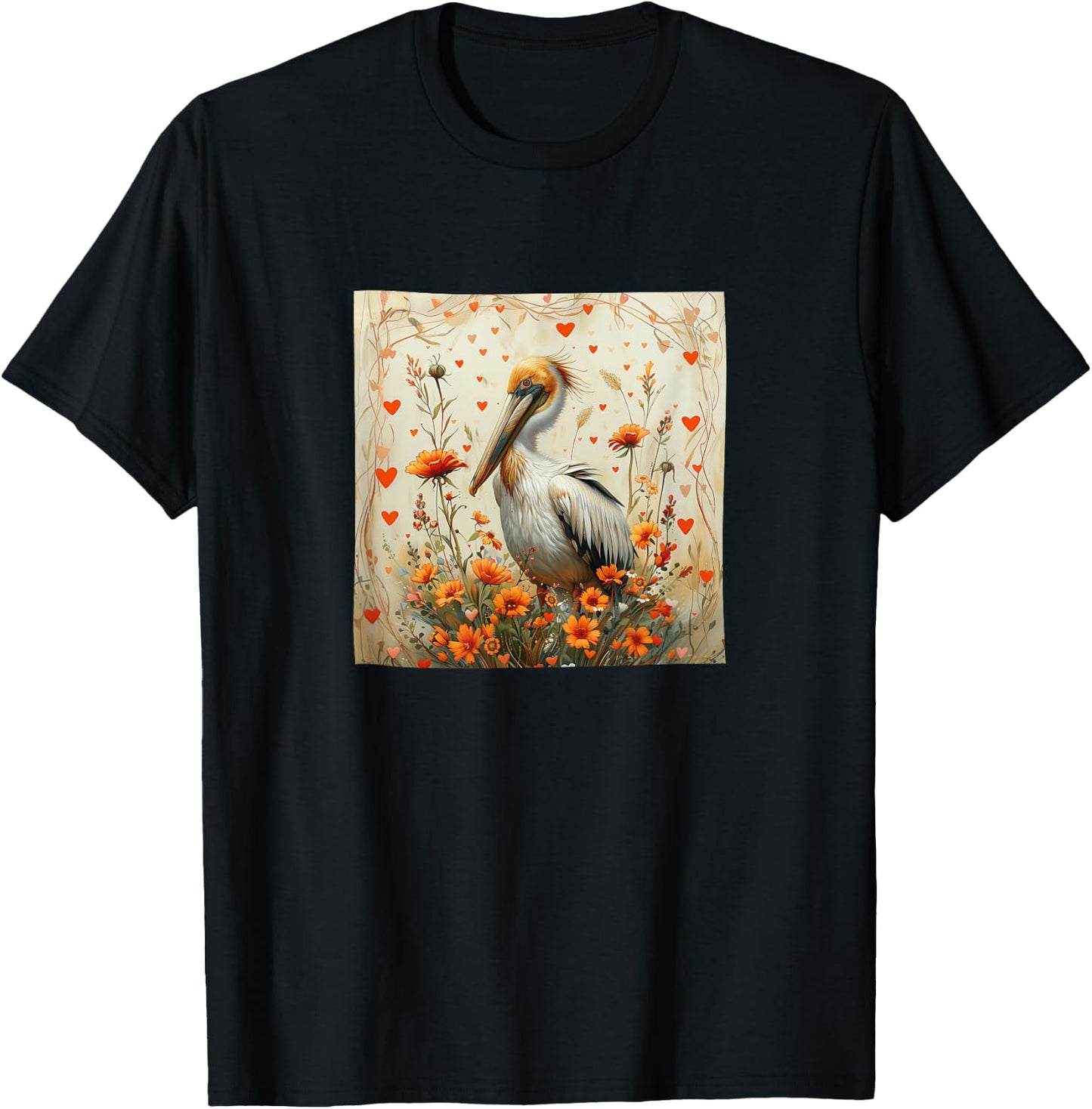 Pelican Flowers With Hearts Around Boho Style Graphic T-Shirt - T-Shirt | Black
