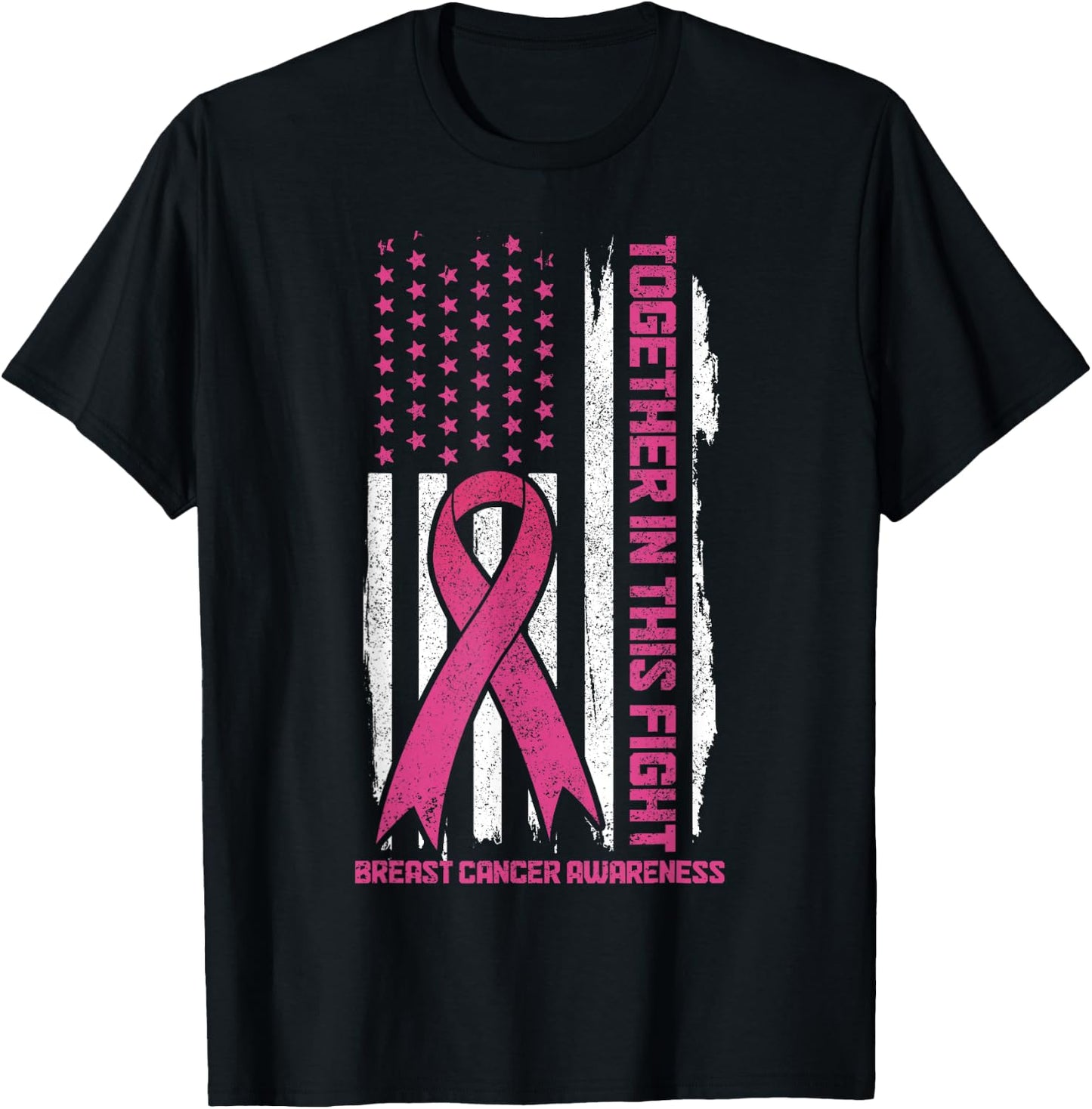 Breast Cancer Awareness Pink Ribbon American Flag Patriotic T-Shirt - T-Shirt | Black