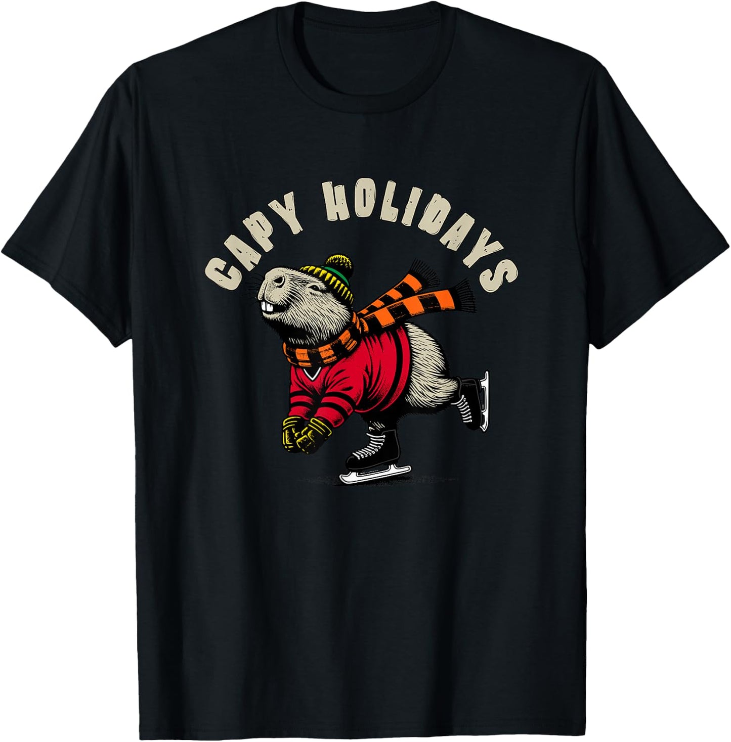 Funny Capybara Holiday Capy Holiday Ice Skating Capybara T-Shirt - T-Shirt | Black