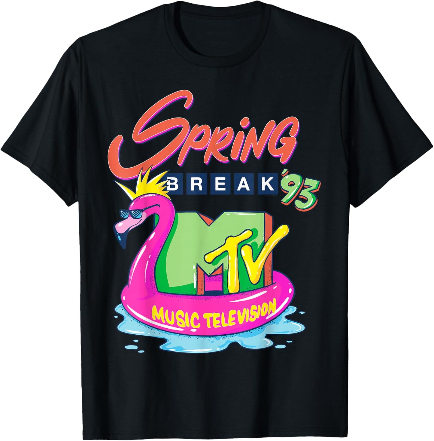 MTV Logo with Pink Flamingo Float - Spring Break '93 T-Shirt - T-Shirt | Black