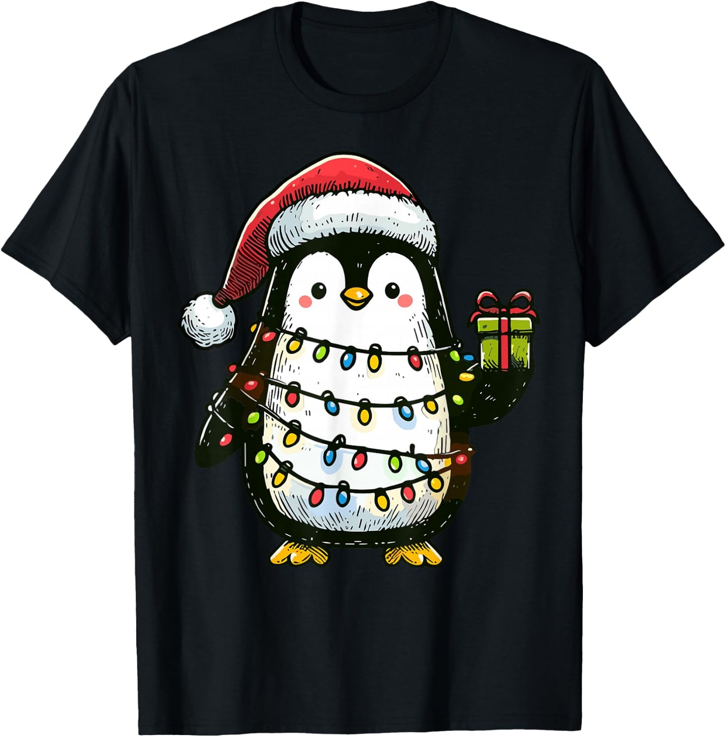 Penguin Wearing Santa Claus Hat Holding A Present Box Xmas T-Shirt - T-Shirt | Black