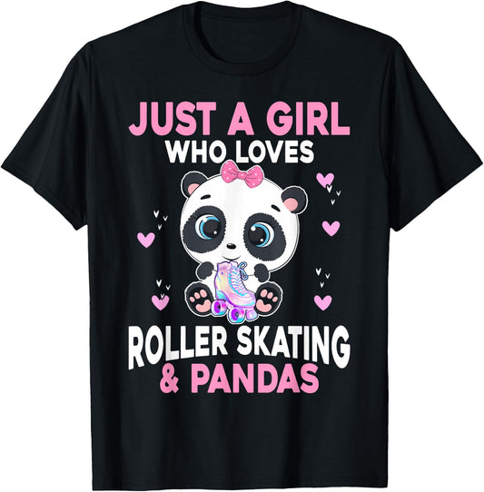 Girl Loves Roller Skating & Pandas Roller Skate T-Shirt - T-Shirt | Black