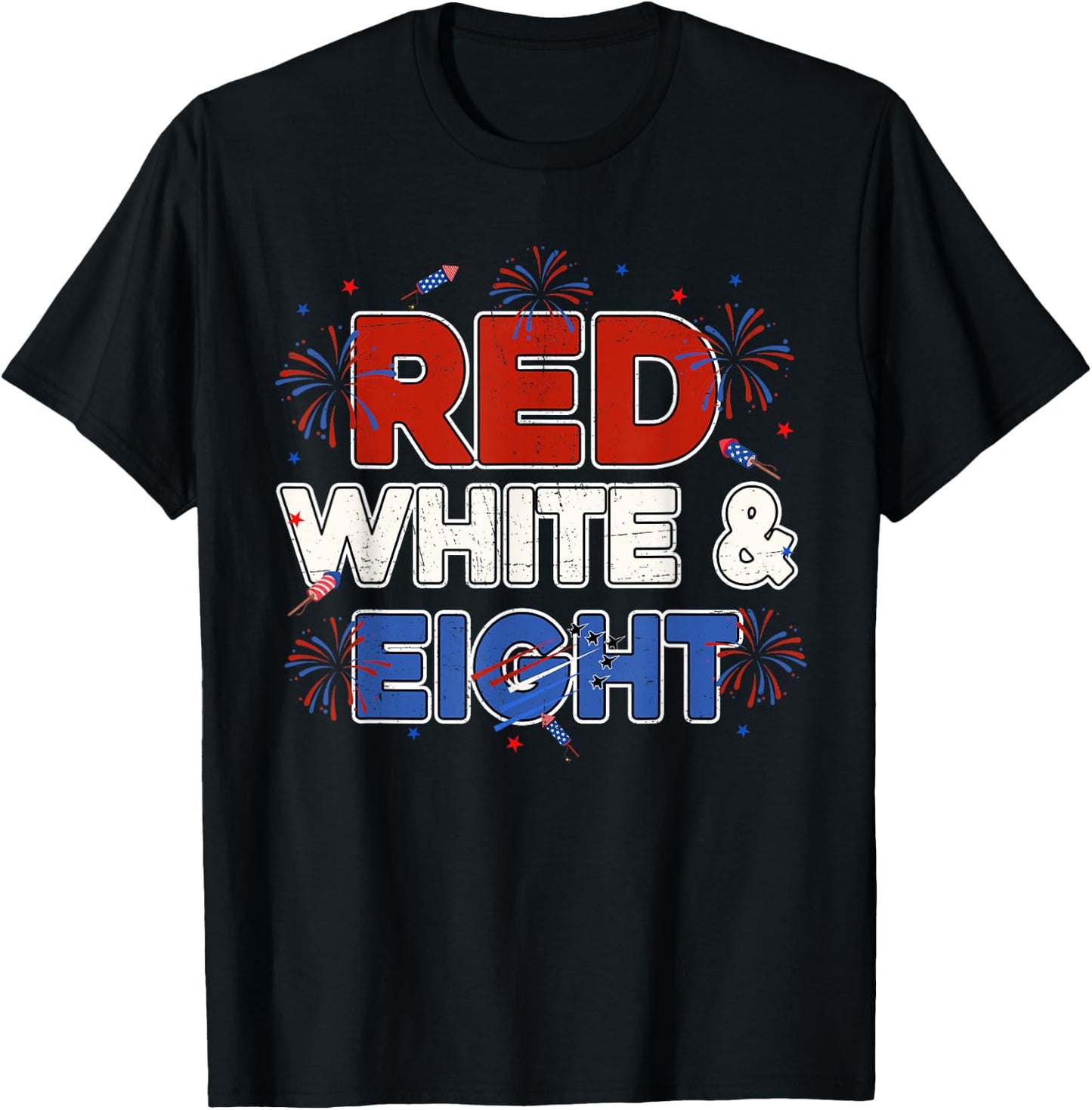 Red White & Eight 8th Birthday 4th July Fireworks Airplane T-Shirt - T-Shirt | Black