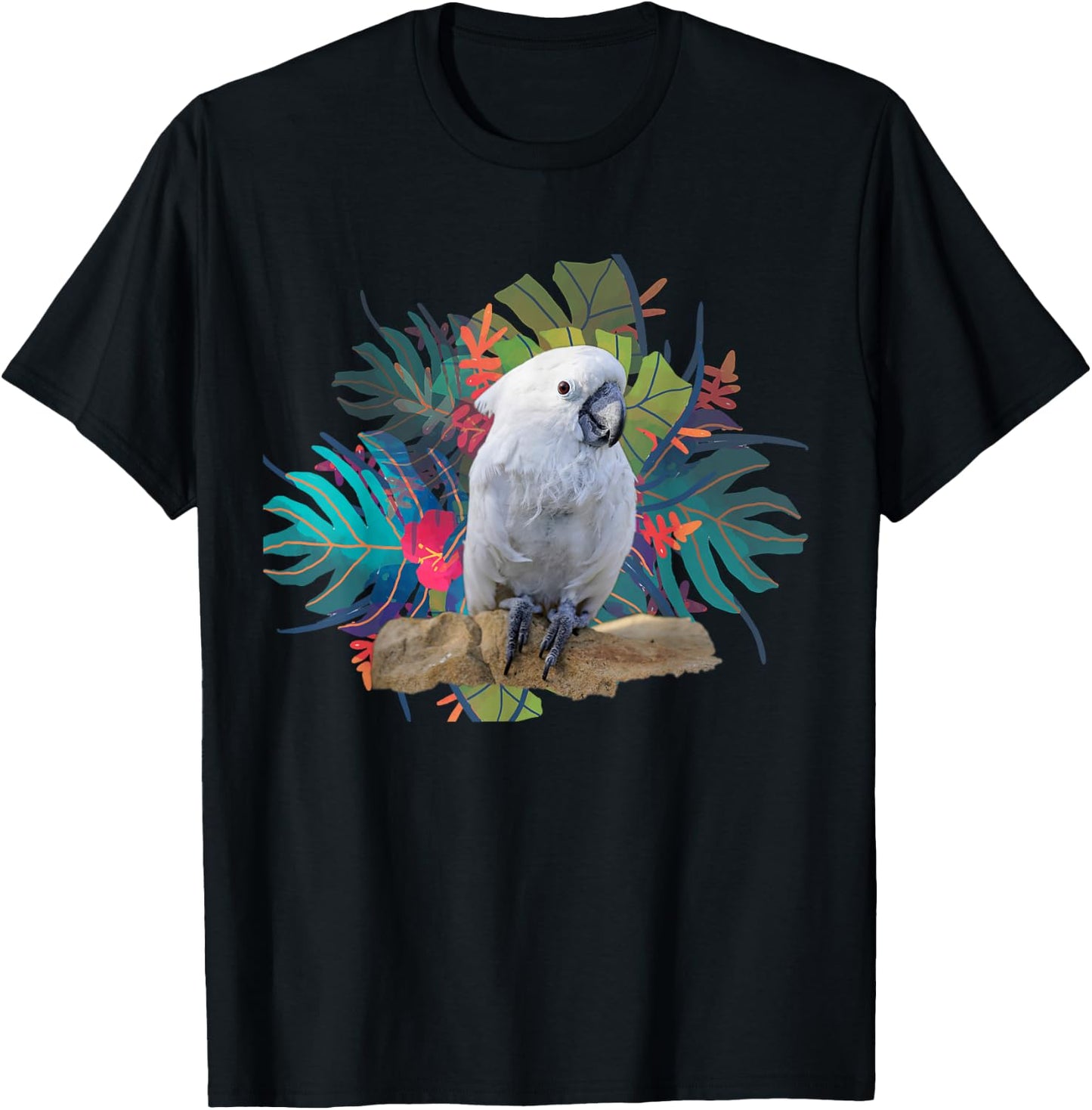 Flowers and Umbrella Cockatoo T-Shirt - T-Shirt | Black