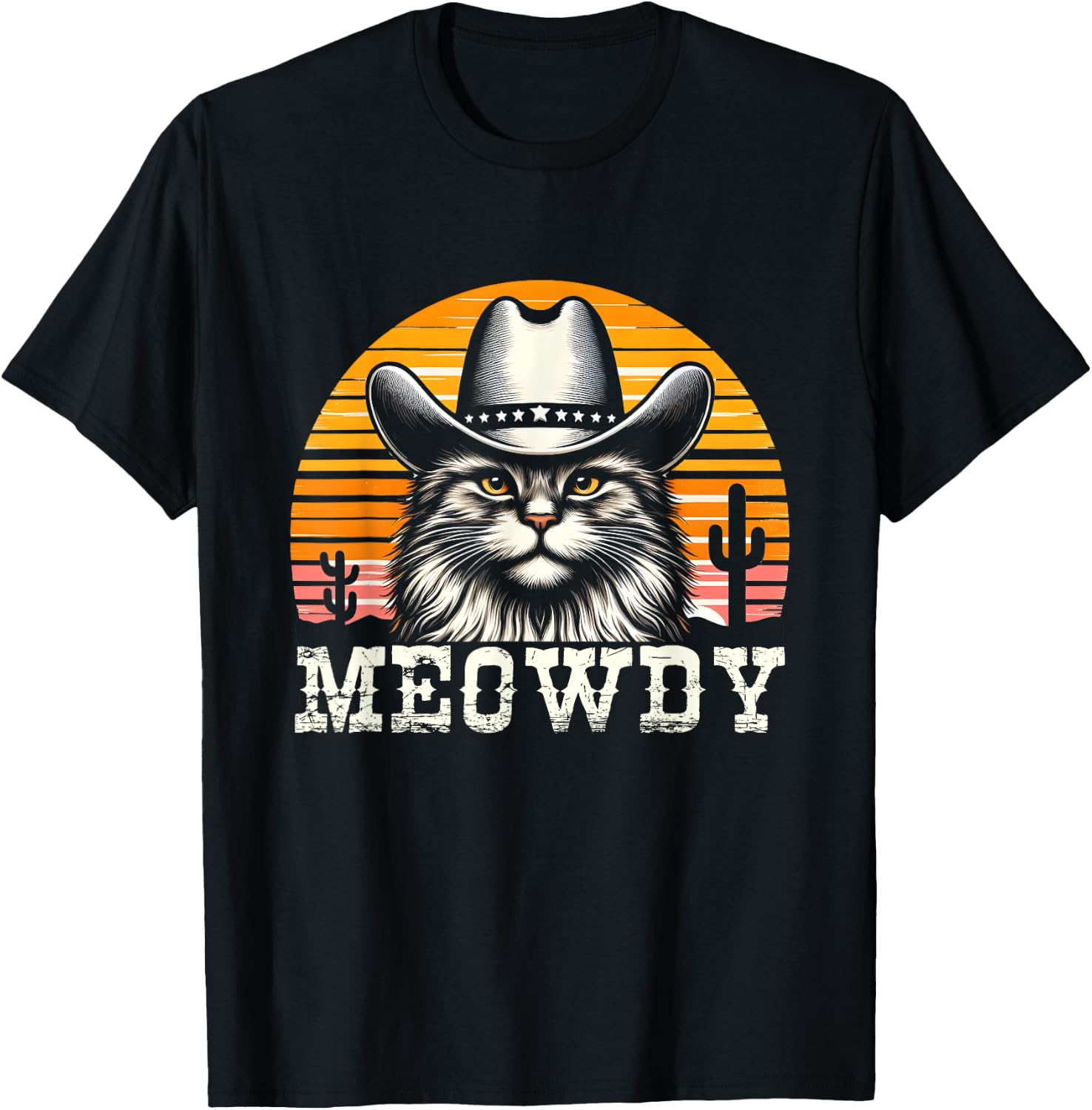 Meowdy Country Music Vintage Cat Cowboy Hat Western T-Shirt - T-Shirt | Black