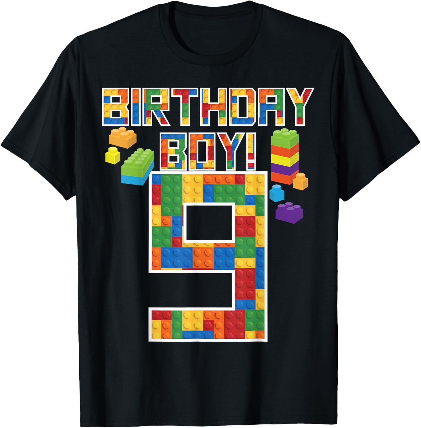 Cute 9th Birthday Gift 9 Years Old Block Building Boys Kids T-Shirt - T-Shirt | Black