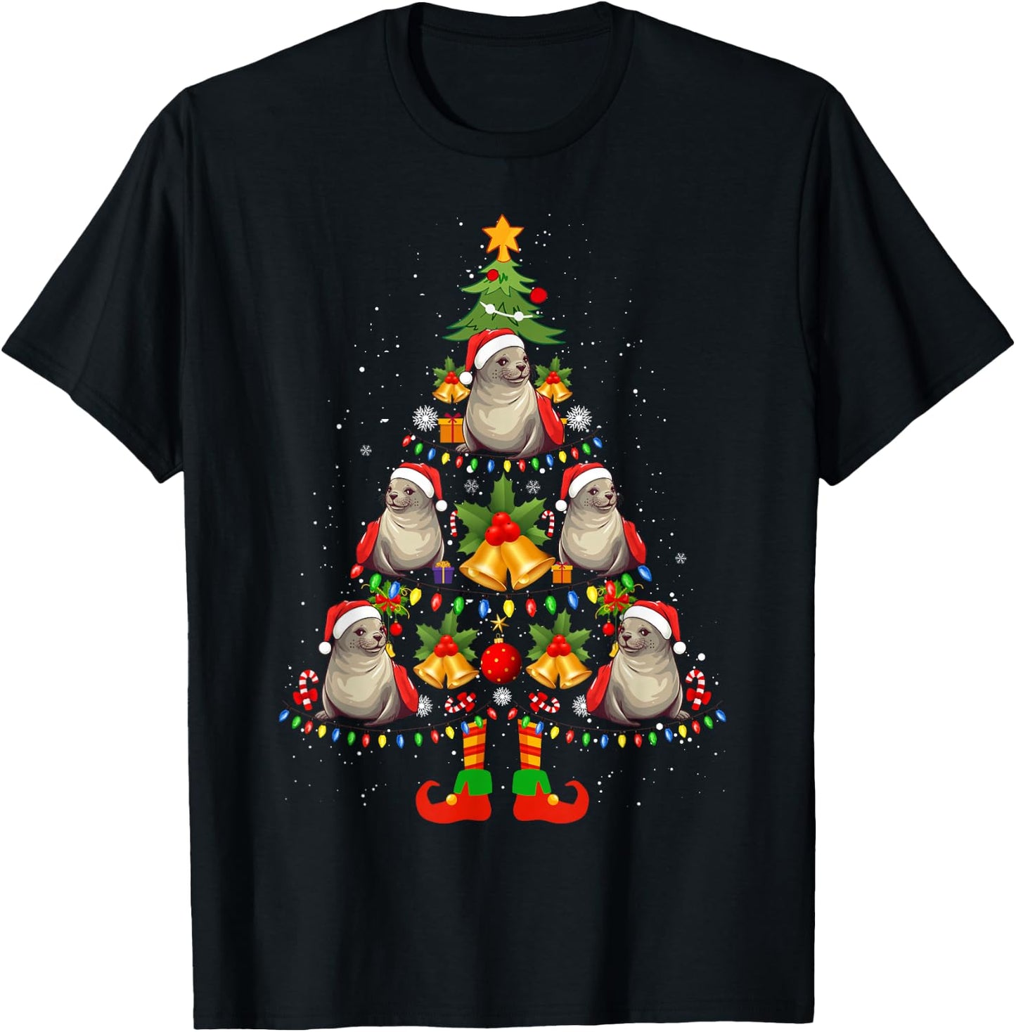 Hawaiian Monk Seal Santa Hat Christmas Tree Xmas Pajama T-Shirt - T-Shirt | Black