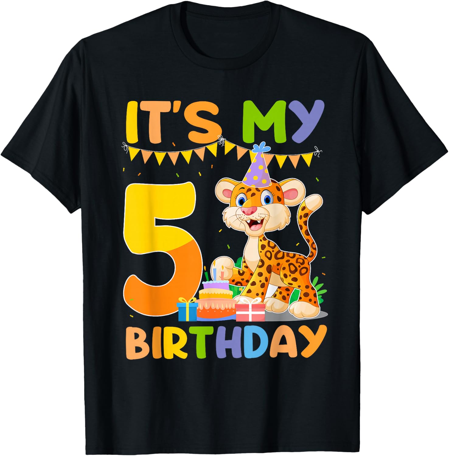 It's My 5th Birthday Leopard Cheetah 5 Year Old Birthday Par T-Shirt - T-Shirt | Black
