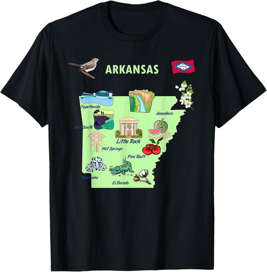 Arkansas state tourist map, landmarks, famous symbols, USA T-Shirt - T-Shirt | Black