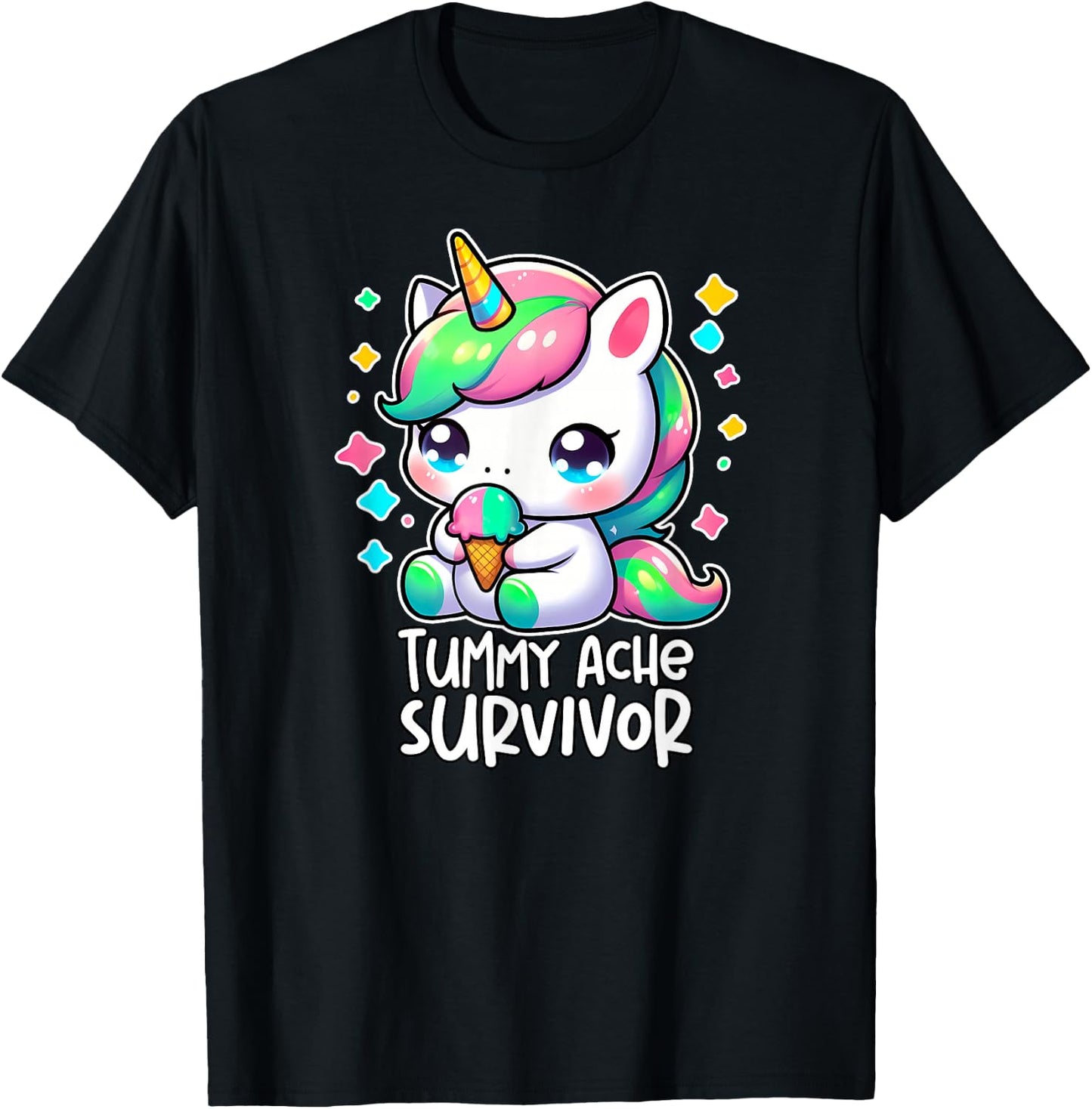 Tummy Ache Survivor Cute Unicorn My Tummy Hurts Meme Kids T-Shirt - T-Shirt | Black