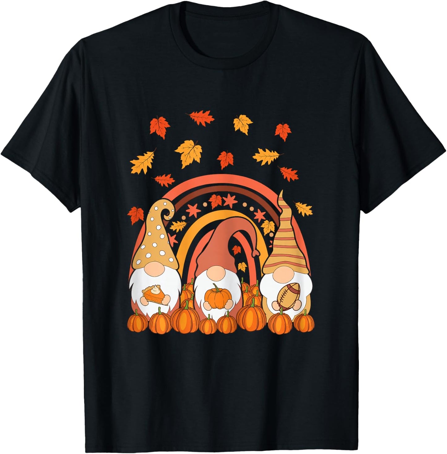 Thanksgiving Colorful Rainbow Pumpkin Fall Leaf Gnomes T-Shirt - T-Shirt | Black