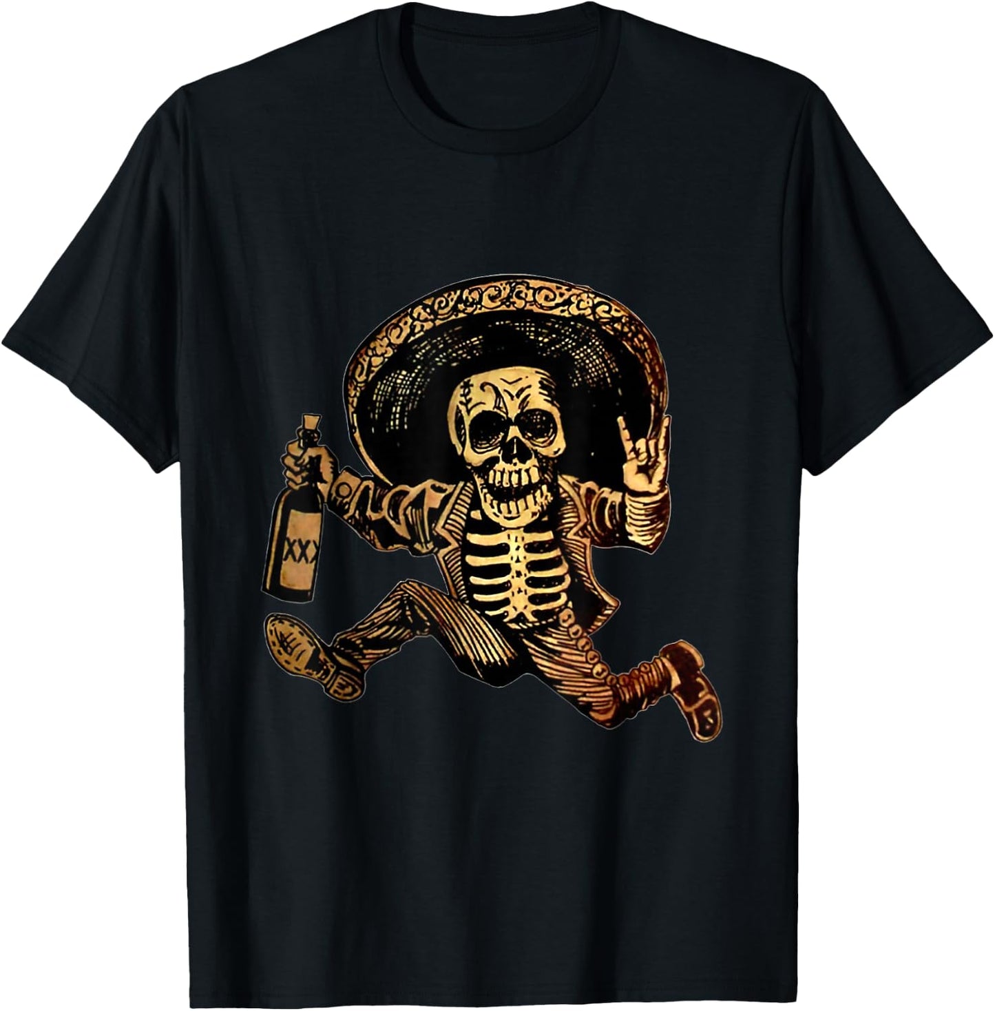 Rock And Roll Hand Skull Drinking Wine Funny Halloween T-Shirt - T-Shirt | Black