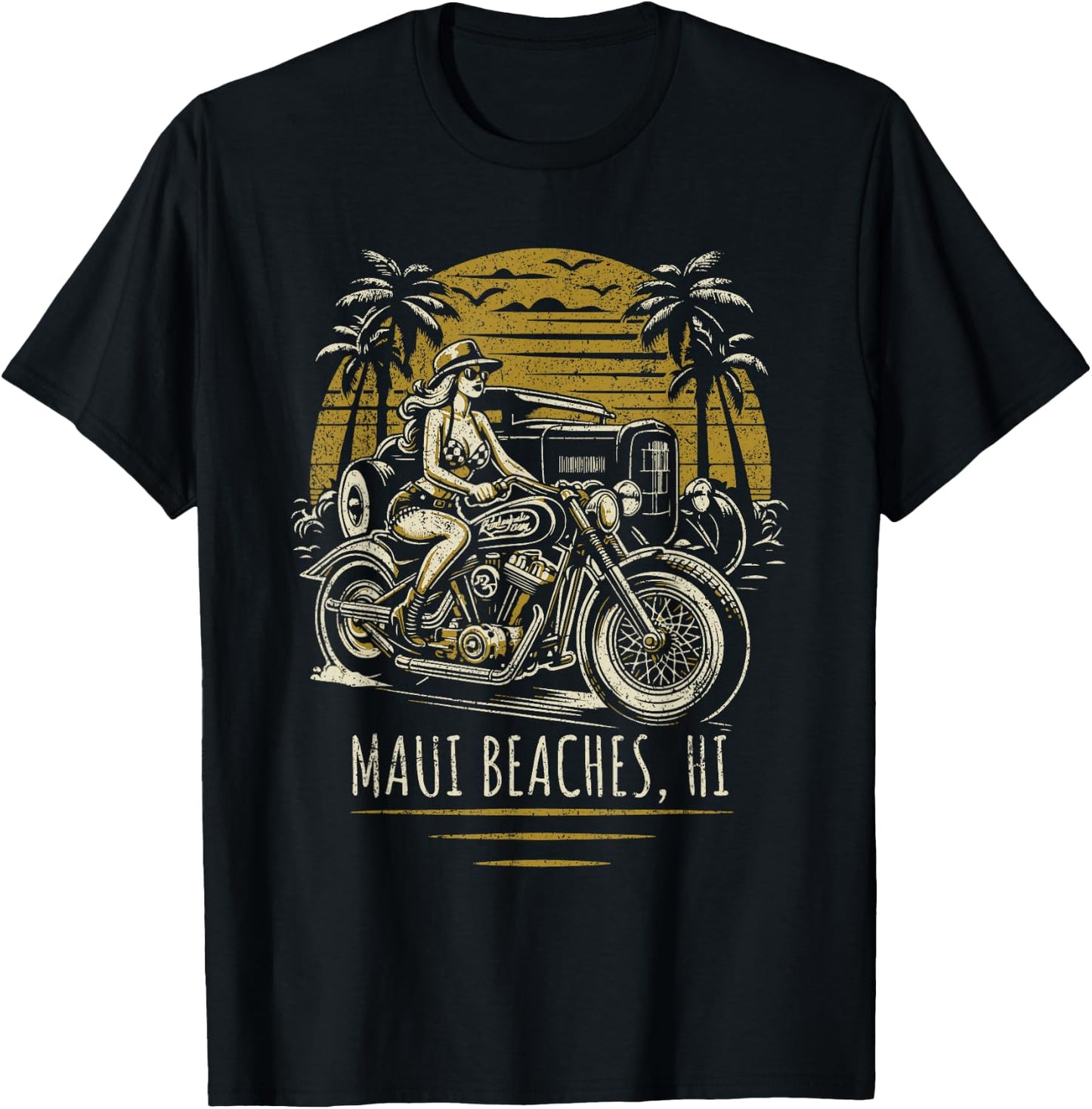 Maui Beaches Hawaii Motorcycle Hotrod Vintage Design T-Shirt - T-Shirt | Black