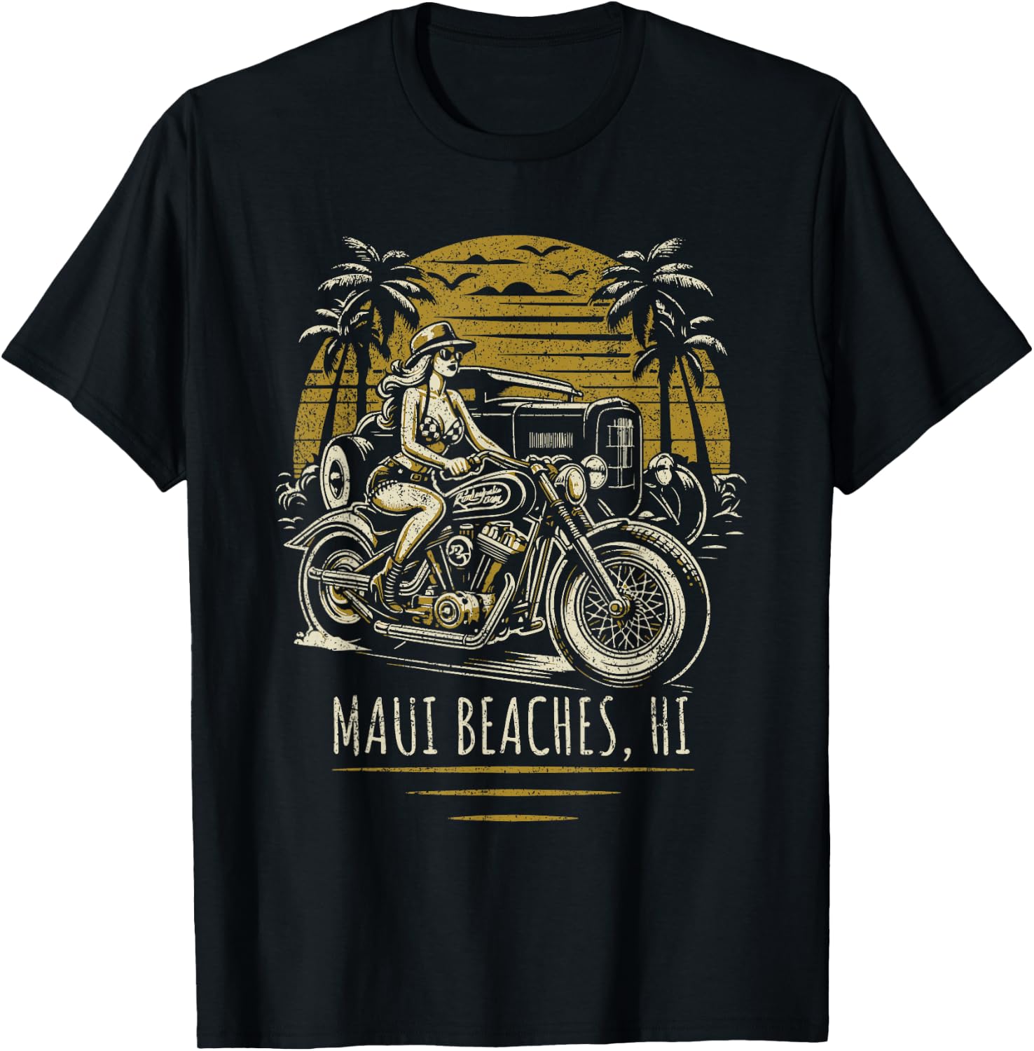 Maui Beaches Hawaii Motorcycle Hotrod Vintage Design T-Shirt - T-Shirt | Black