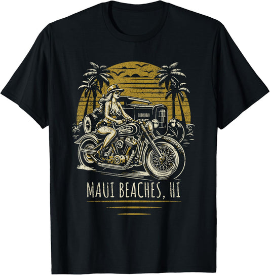 Maui Beaches Hawaii Motorcycle Hotrod Vintage Design T-Shirt - T-Shirt | Black
