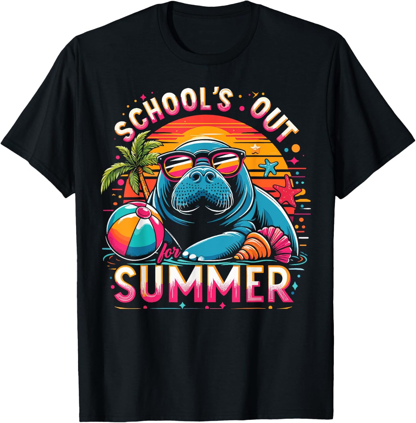 Retro Schools Out For Summer Teacher Girls Boys Kids Manatee T-Shirt - T-Shirt | Black