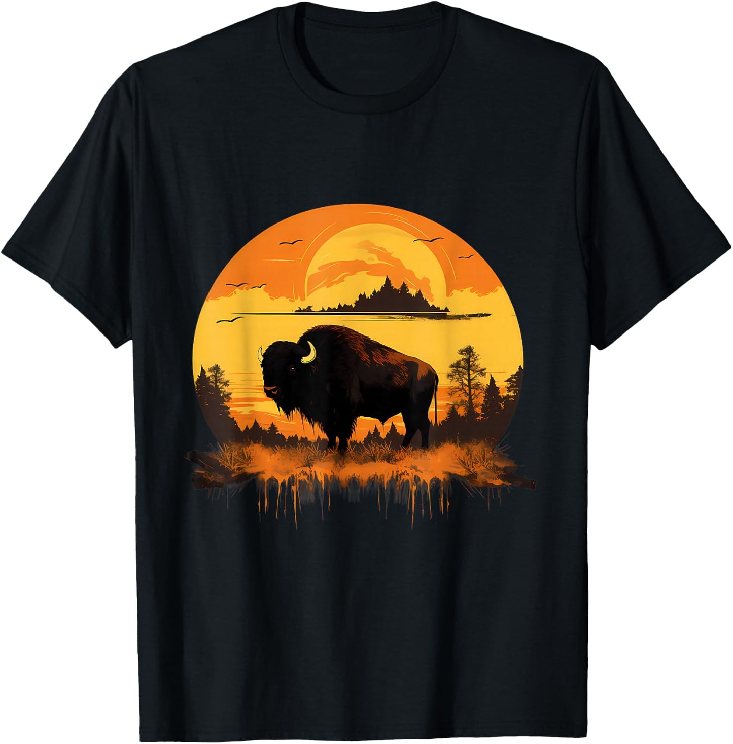 Buffalo Nature Sunset Bison Colorful Savanna Animal Art T-Shirt - T-Shirt | Black
