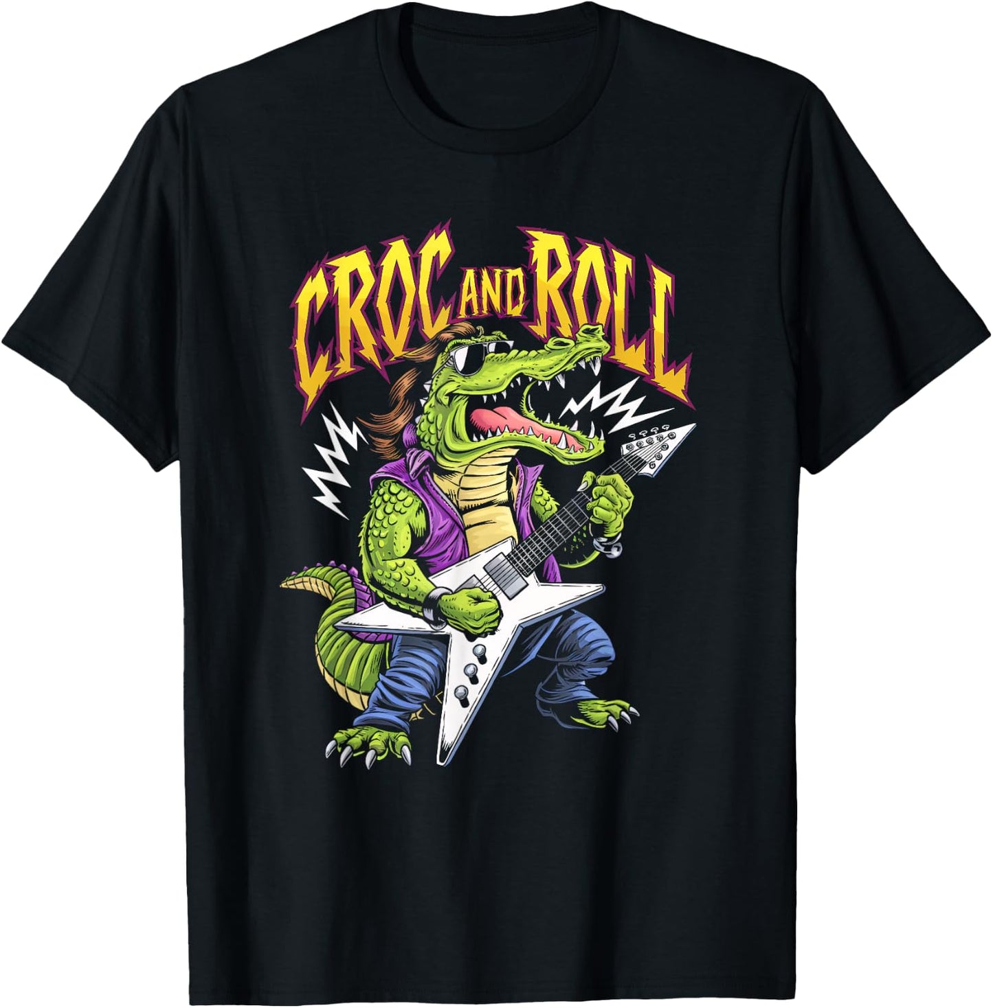 Croc And Roll Funny Crocodile Electric Guitar Rock Boys Men T-Shirt - T-Shirt | Black