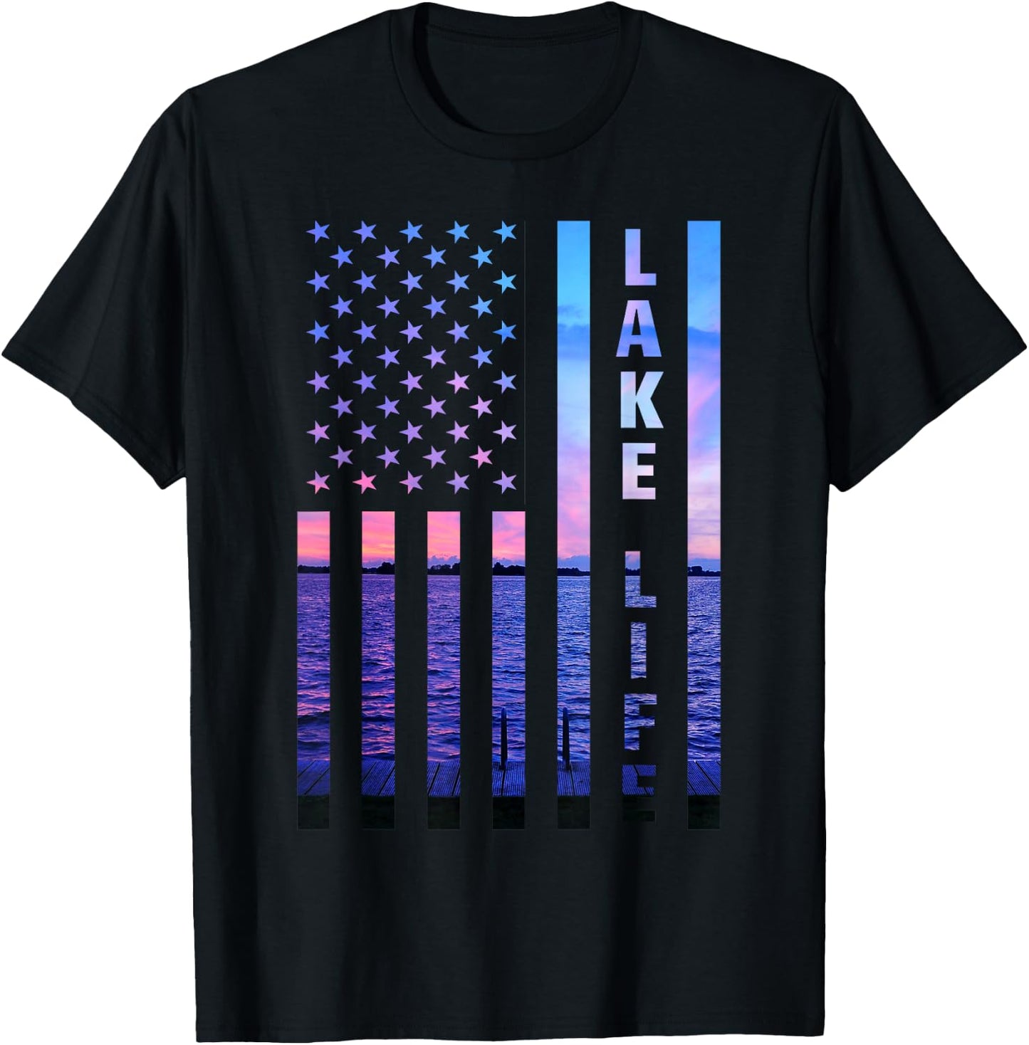 Lake Life American Flag Dock Sunset Wakeboarder Power Boat T-Shirt - T-Shirt | Black