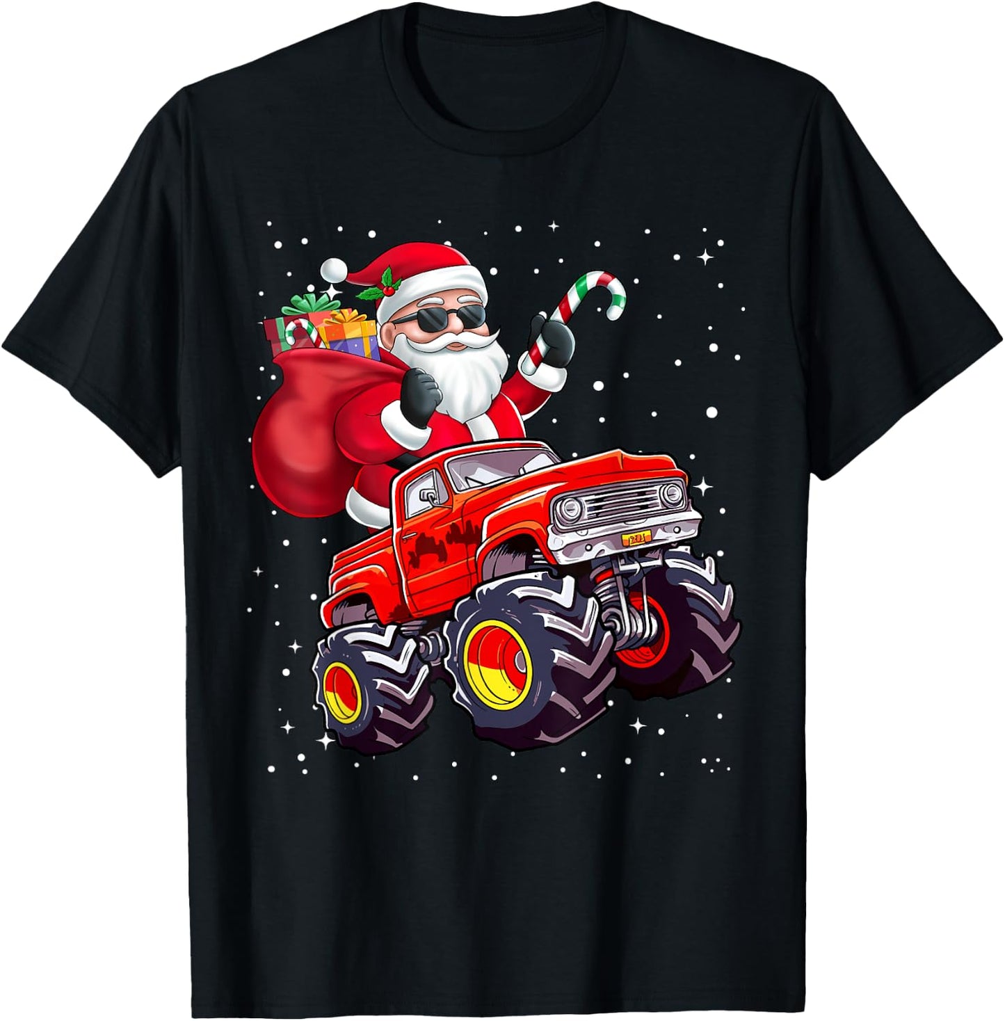 Santa Claus Riding A Monster Truck Christmas Boy Girl Kids T-Shirt - T-Shirt | Black