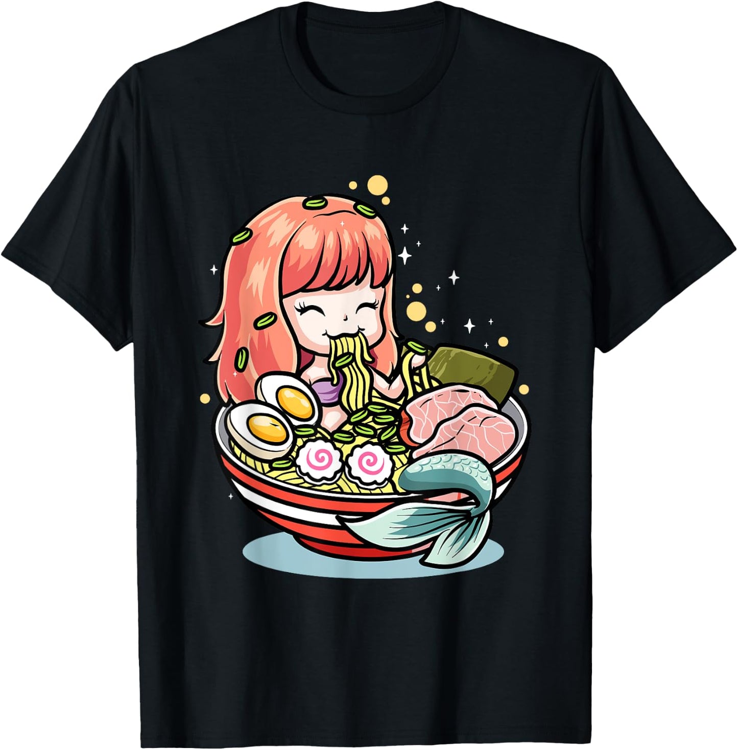 Cute Mermaid Eating Ramen Kawaii Noodle Bowl T-Shirt - T-Shirt | Black